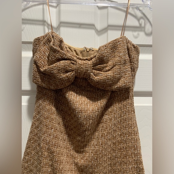 Strapless Bow-Front Mini Dress in Camel - Picture 2 of 5
